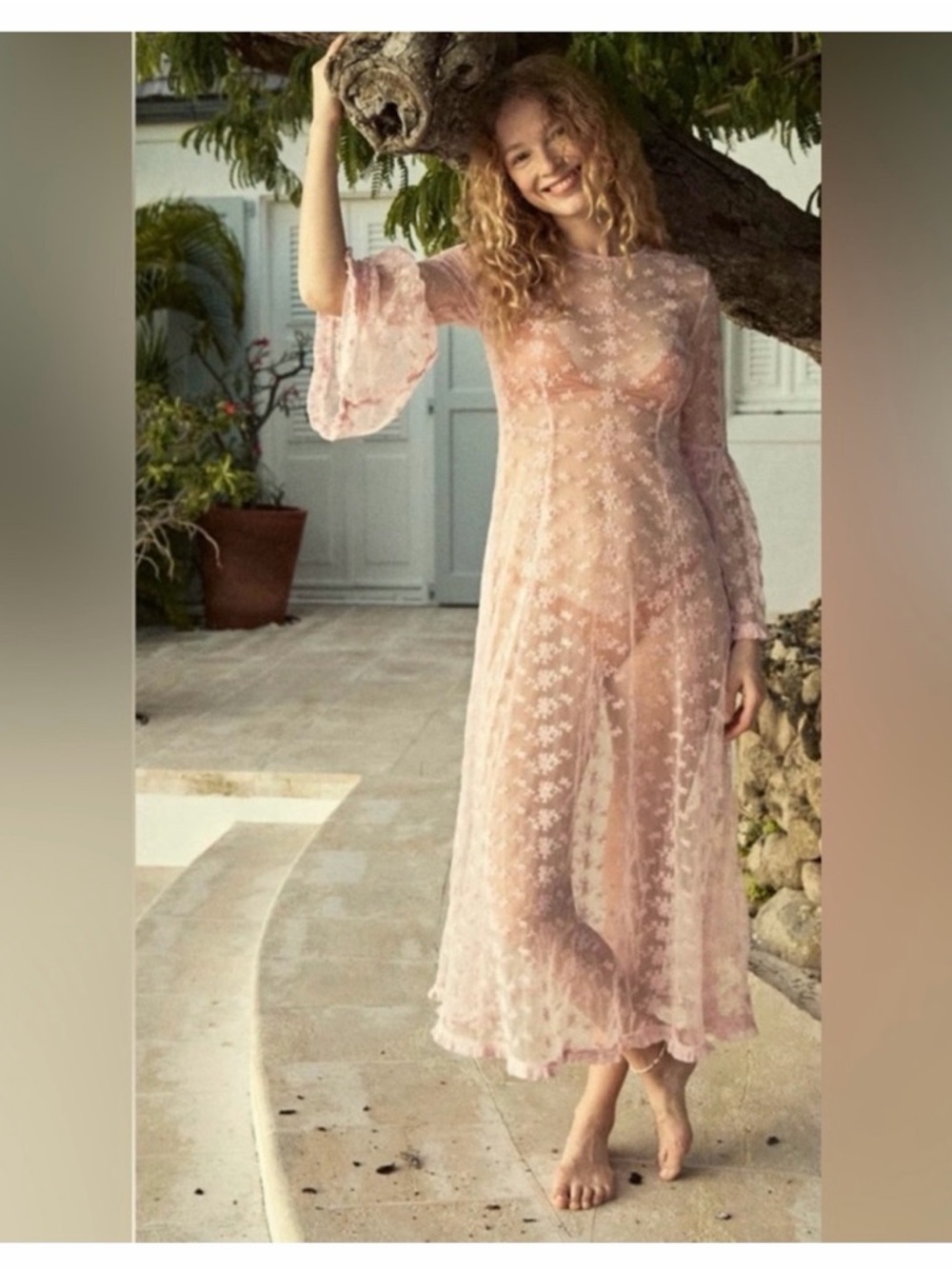 Doen Adalise Dress In Tulip PinkFloral Lace Sheer Midi Size S
